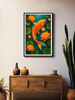 999Store - Multi-Color Koi Fish with Lotus Flowers Box Fiber Canvas Painting
