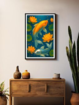 999Store - Multi-Color Koi Fish Lotus Pond Canvas Box Fiber Frame Painting