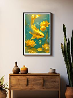 999Store - Golden Koi Amid Lotus Flowers Blue Water Painting
