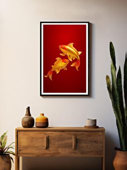 999Store - Twin Golden Koi Fish Red Background Painting