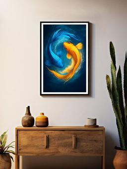 999Store - Blue and Gold Yin Yang Koi In Ocean Swirl Painting