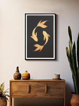 999Store - Minimalist Gold Koi On Black Canvas Painting