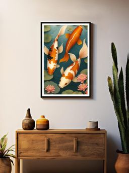 999Store - Multi-Color Three Koi Among Lily Floral Pads Painting