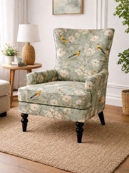 JABRIX - Elegant Sage Green Aviary Floral Printed Wingback Chair