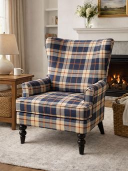 JABRIX - Classic Navy Blue Checks Upholstered Arm Chair