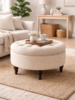 JABRIX - Cream Classic Round Sagwan Wooden Base Ottoman