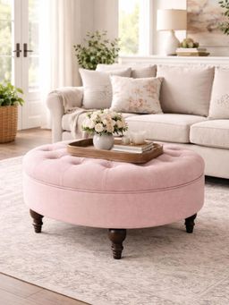JABRIX - Pink Classic Round Sagwan Wooden Base Ottoman