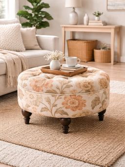 JABRIX - Miyabi Floral Velvet Round Sagwan Wood Ottoman