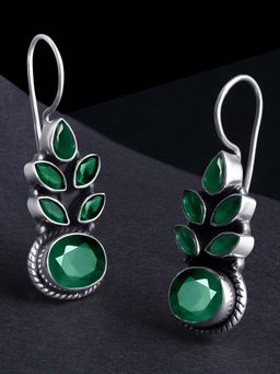 Peora - 925 Sterling Silver Oxidised Anti Tarnish Diamond Cut Faux Emerald Earrings-PF59E73G