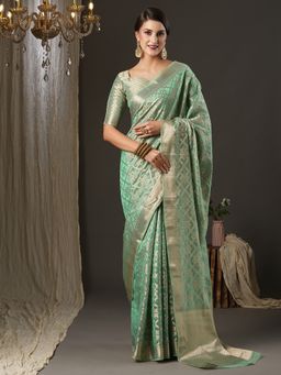 Akhilam - Womens Organza Sea Green Woven Design Designer Saree with Unstitched Blouse