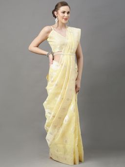 Akhilam - Womens Cotton Silk Yellow Woven Design Saree with Unstitched Blouse