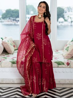 Lavanya The Label - Megenta Cotton Printed Shirt And Sharara (Set of 3)