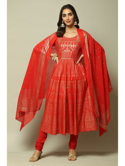 Biba - Womens Red Printed Cotton Anarkali Suit (Set of 3)