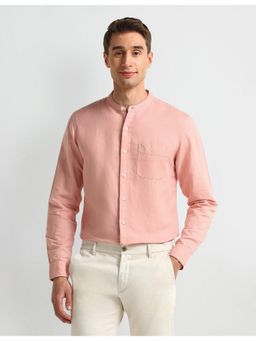 U.S. POLO ASSN. - Solid/Plain Pink Full Sleeves Mandarin Neck Shirt