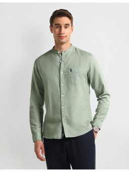 U.S. POLO ASSN. - Solid/Plain Green Full Sleeves Mandarin Neck Shirt