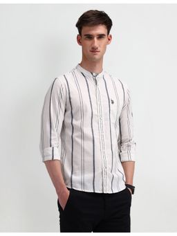 U.S. POLO ASSN. - Stripes White Full Sleeves Mandarin Neck Shirt