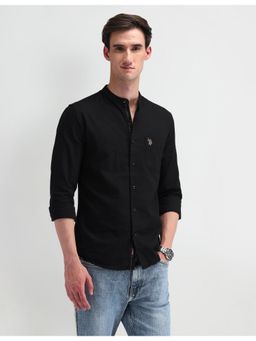 U.S. POLO ASSN. - Solid/Plain Black Full Sleeves Mandarin Neck Shirt
