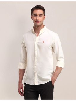 U.S. POLO ASSN. - Solid/Plain Off White Full Sleeves Collar Neck Shirt