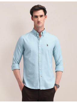 U.S. POLO ASSN. - Solid/Plain Blue Full Sleeves Collar Neck Shirt