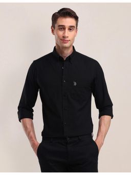 U.S. POLO ASSN. - Solid/Plain Black Full Sleeves Collar Neck Shirt