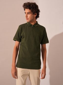 Selected - Green Zipped Solid Polo T-Shirt