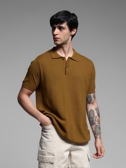 Jack & Jones - Brown Slim Fit Textured Polo T-Shirt