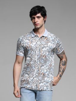 Jack & Jones - White Slim Fit Floral Print Polo T-Shirt