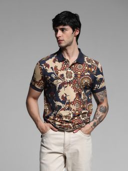 Jack & Jones - Beige Regular Fit Floral Print Polo T-Shirt