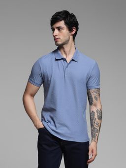 Jack & Jones - Blue Slim Fit Textured Polo T-Shirt