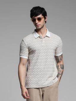 Jack & Jones - Beige Regular Fit Geometric Print Polo T-Shirt