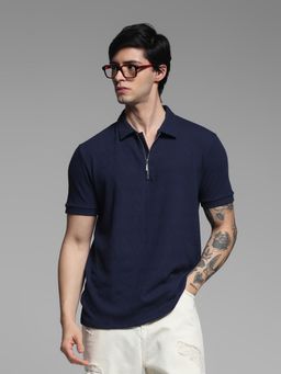 Jack & Jones - Navy Blue Regular Fit Textured Polo T-Shirt
