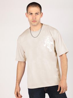 CHKOKKO - Beige Oversized Cotton Printed Hindu Lord Krishan Ji T-Shirt