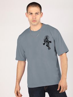 CHKOKKO - Grey Oversized Cotton Printed Hindu Lord Krishan Ji T-Shirt