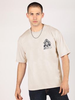 CHKOKKO - Beige Oversized Cotton Printed Hindu Durga Maa T-Shirt