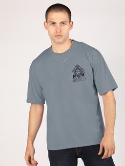 CHKOKKO - Grey Oversized Cotton Printed Hindu Durga Maa T-Shirt