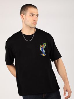 CHKOKKO - Black Oversized Cotton Printed Hindu Lord Krishan Ji T-Shirt