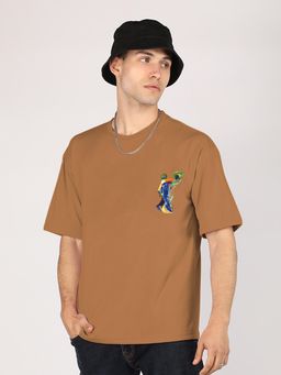 CHKOKKO - Brown Oversized Cotton Printed Hindu Lord Krishan Ji T-Shirt