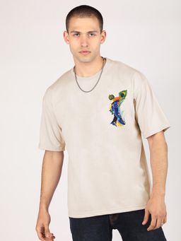 CHKOKKO - Beige Oversized Cotton Printed Hindu Lord Krishan Ji T-Shirt