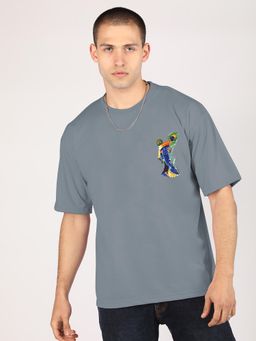 CHKOKKO - Grey Oversized Cotton Printed Hindu Lord Krishan Ji T-Shirt