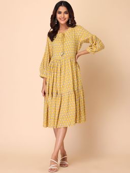 Indya - Yellow Boota Foil Print Tiered Rayon Dress