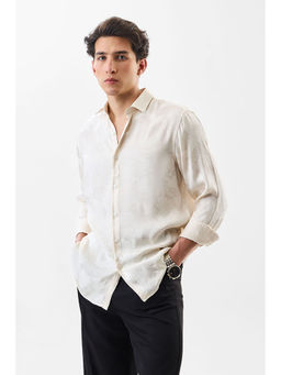 Snitch - Beige Floral Jacquard Full Sleeves Slim Fit Casual Shirt