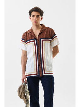 Snitch - Brown Geometric Half Sleeves Boxy Fit Casual Shirt