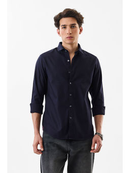 Snitch - Navy Blue Textured Full Sleeves Slim Fit Casual Shirt