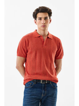 Snitch - Orange Textured Half Sleeves Slim Fit Casual Polo T-Shirt