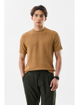 Snitch - Beige Textured Half Sleeves Slim Fit Casual T-Shirt