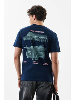 Snitch - Navy Blue Graphic Print Half Sleeves Slim Fit Casual T-Shirt