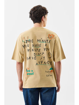 Snitch - Beige Graphic Half Sleeves Oversized Fit Casual T-Shirt