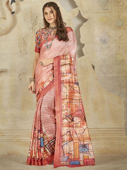 Odette - Womens Soft Silk Peach Printed Saree with Unstitched Blouse