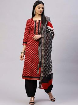 Biba - Red Cotton Unstitched Suit Set (Set of 3)