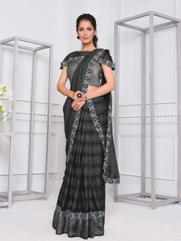 Odette - Horizontal Self-Striped Black & Grey Pre Draped Saree with Unstitched Blouse